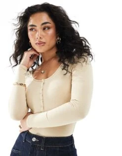 Monki Long Sleeve Bodysuit With Button Detail In Ecru For Women