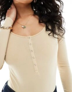 Monki Long Sleeve Bodysuit With Button Detail In Ecru For Women -Monki Shop 207969168 3