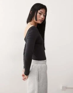 Monki Long Sleeve Bodysuit With Button Detail In Black For Women -Monki Shop 207969177 4