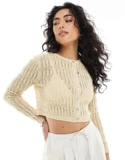 Monki Stitch Detail Cardigan In Butter Yellow For Women