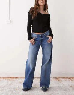 Monki Imoo Low Waist Wide Leg Jeans In Mid Blue Wash For Women -Monki Shop 207969210 1 blue 1