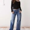Monki Imoo Low Waist Wide Leg Jeans In Mid Blue Wash For Women