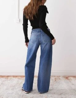 Monki Imoo Low Waist Wide Leg Jeans In Mid Blue Wash For Women -Monki Shop 207969210 2