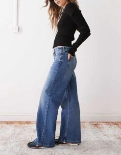 Monki Imoo Low Waist Wide Leg Jeans In Mid Blue Wash For Women -Monki Shop 207969210 3