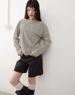 Monki Long Sleeve Top In Black And Beige Stripe For Women -Monki Shop 207969222 1 blackandbeige 1