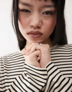 Monki Long Sleeve Top In Black And Beige Stripe For Women -Monki Shop 207969222 4