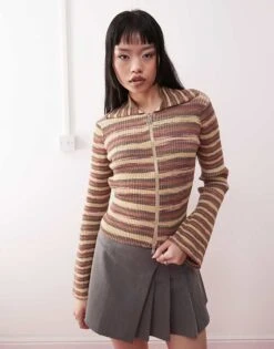 Monki Spacedye Zip Through Cardigan In Brown And Yellow Stripe For Women Brown & Yellow