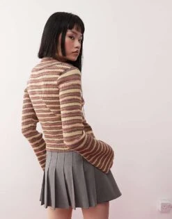 Monki Spacedye Zip Through Cardigan In Brown And Yellow Stripe For Women Brown & Yellow -Monki Shop 207969242 3