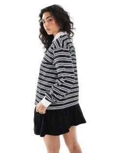 Monki Stripe Rugby Long Sleeve Stop In Black And White For Women -Monki Shop 207969256 3
