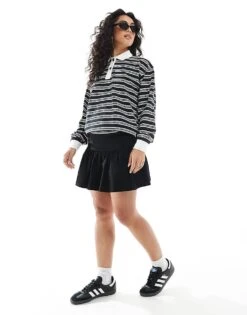 Monki Stripe Rugby Long Sleeve Stop In Black And White For Women -Monki Shop 207969256 4