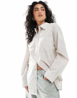 Monki Oversized Cotton Shirt In Pink & Yellow Check For Women