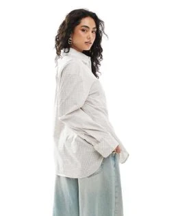 Monki Oversized Cotton Shirt In Pink & Yellow Check For Women -Monki Shop 207969267 4