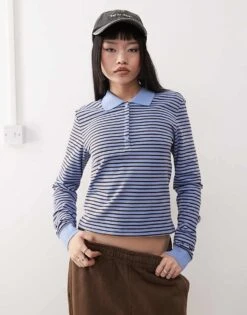 Monki Long Sleeved Pique Polo In Blue And Brown Stripe For Women Blue & Brown -Monki Shop 207969278 1 bluebrown 1