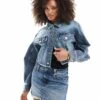 Monki Cropped Raw Hem Denim Jacket In Mid Blue Wash For Women -Monki Shop 207969288 1 blue