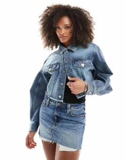 Monki Cropped Raw Hem Denim Jacket In Mid Blue Wash For Women