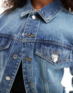 Monki Cropped Raw Hem Denim Jacket In Mid Blue Wash For Women -Monki Shop 207969288 3