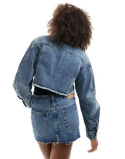 Monki Cropped Raw Hem Denim Jacket In Mid Blue Wash For Women -Monki Shop 207969288 4