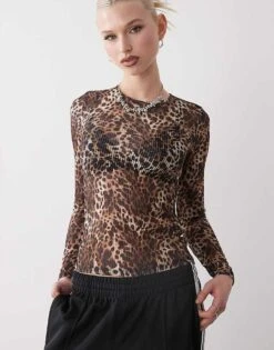 Monki Long Sleeve Sheer Ribbed Top In Brown Leopard Print For Women -Monki Shop 207969295 1 brownleopard 1