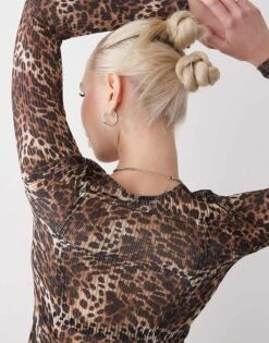 Monki Long Sleeve Sheer Ribbed Top In Brown Leopard Print For Women -Monki Shop 207969295 3