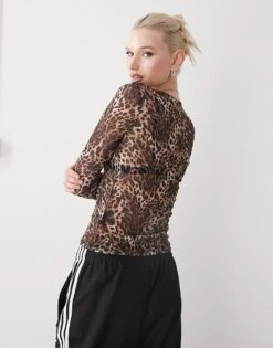Monki Long Sleeve Sheer Ribbed Top In Brown Leopard Print For Women -Monki Shop 207969295 4