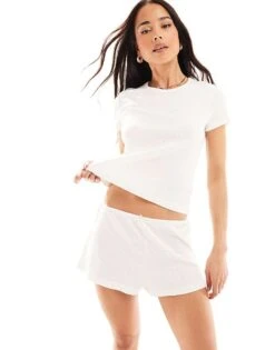 Monki Co-ord Pointelle Lounge Shorts And Baby Tee In White