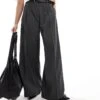 Monki High Waist Wide Leg Tailored Trousers In Dark Grey Melange For Women -Monki Shop 207969313 1 grey