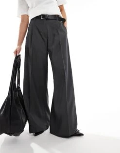 Monki High Waist Wide Leg Tailored Trousers In Dark Grey Melange For Women