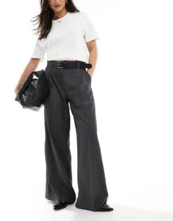 Monki High Waist Wide Leg Tailored Trousers In Dark Grey Melange For Women -Monki Shop 207969313 3