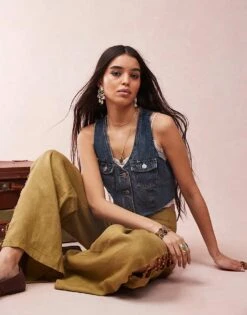 Monki Denim Cropped Waistcoat In Mid Blue For Women -Monki Shop 207969328 1 midblue 1