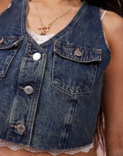 Monki Denim Cropped Waistcoat In Mid Blue For Women -Monki Shop 207969328 2