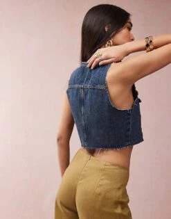 Monki Denim Cropped Waistcoat In Mid Blue For Women -Monki Shop 207969328 4