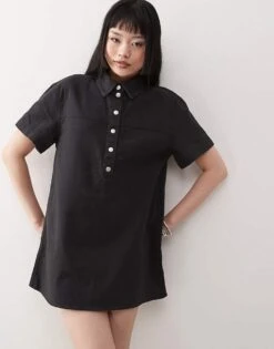 Monki Oversized Twill Shirt Dress In Washed Black For Women -Monki Shop 207969336 1 black 1