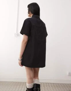 Monki Oversized Twill Shirt Dress In Washed Black For Women -Monki Shop 207969336 4