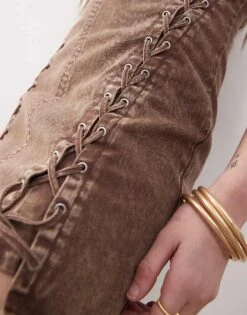 Monki Denim Lace Up Mini Dress In Washed Brown For Women -Monki Shop 207970979 2