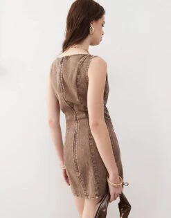 Monki Denim Lace Up Mini Dress In Washed Brown For Women -Monki Shop 207970979 4