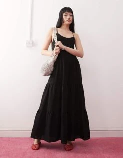 Monki Linen Tiered Midaxi Dress In Black Exclusive To ASOS For Women -Monki Shop 207970999 1 black 1