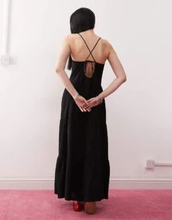 Monki Linen Tiered Midaxi Dress In Black Exclusive To ASOS For Women -Monki Shop 207970999 4