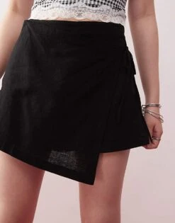 Monki Linen Wrap Skort With Tie Detail In Black Exclusive To ASOS For Women -Monki Shop 207971009 3