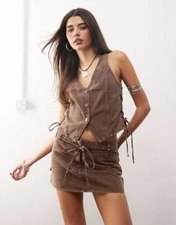 Monki Co-ord Denim Waistcoat And Mini Skirt In Washed Brown -Monki Shop 207971027 1 brown