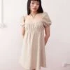 Monki Linen Puff Sleeve Mini Dress In Beige Exclusive To ASOS For Women