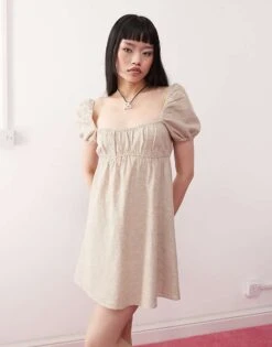 Monki Linen Puff Sleeve Mini Dress In Beige Exclusive To ASOS For Women