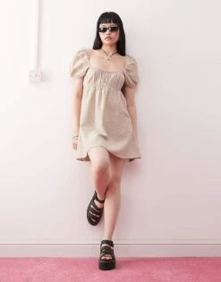 Monki Linen Puff Sleeve Mini Dress In Beige Exclusive To ASOS For Women -Monki Shop 207971040 4