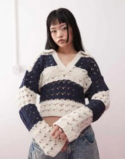 Monki Open Stich Knitted Polo In Black & Beige For Women Beige & Black -Monki Shop 207971053 1 beigeblack 1