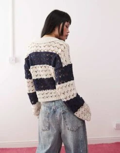 Monki Open Stich Knitted Polo In Black & Beige For Women Beige & Black -Monki Shop 207971053 3