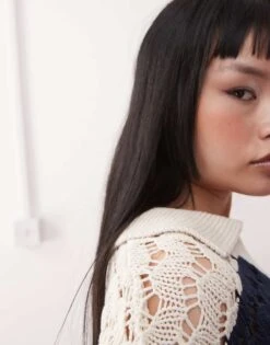 Monki Open Stich Knitted Polo In Black & Beige For Women Beige & Black -Monki Shop 207971053 4