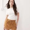 Monki Monk Western Faux Suede Low Waist Mini Skirt With Tie Waist Detail In Tan For Women Brown Suede -Monki Shop 208005014 1 brownsuede