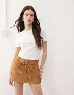Monki Monk Western Faux Suede Low Waist Mini Skirt With Tie Waist Detail In Tan For Women Brown Suede