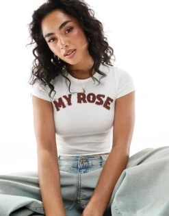 Monki Shrunken Slim Fit Tee In White With Pink 'my Rose' Graphic For Women -Monki Shop 208005015 1 white 1
