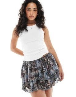 Monki Tiered Mini Skirt In Brown Paisley Print For Women