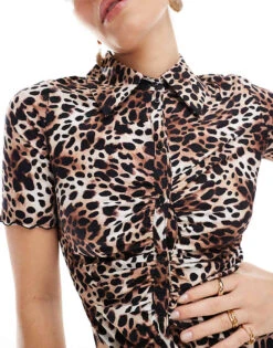 Monki Ruche Front Shirt Dress In Leopard Print For Women -Monki Shop 208070096 2